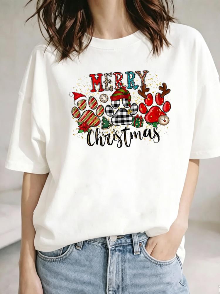 (Asian Size) Christmas Festival Tee Top New Year tree letter cute Clothing T Shirt Women Fashion Print Female Woman Short Sleeve Graphic T-shirts