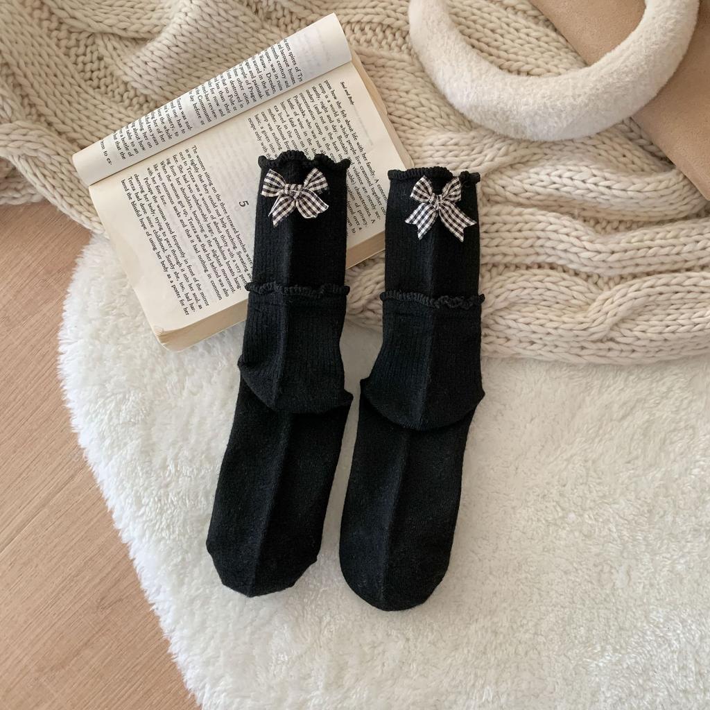 Winter Warm Fleece Socks, College Style Flanging Embroidered Stacking Socks, Children'S Lace Medium Tube Warm Socks