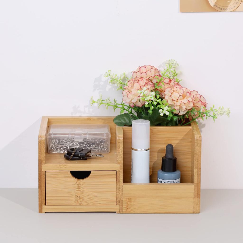 HTB Bamboo Desk Organizer Desk Accessory Storage Box Tabletop Stationery Pen Holder Office Supplies Storage Case Divider Drawer Multifunctional