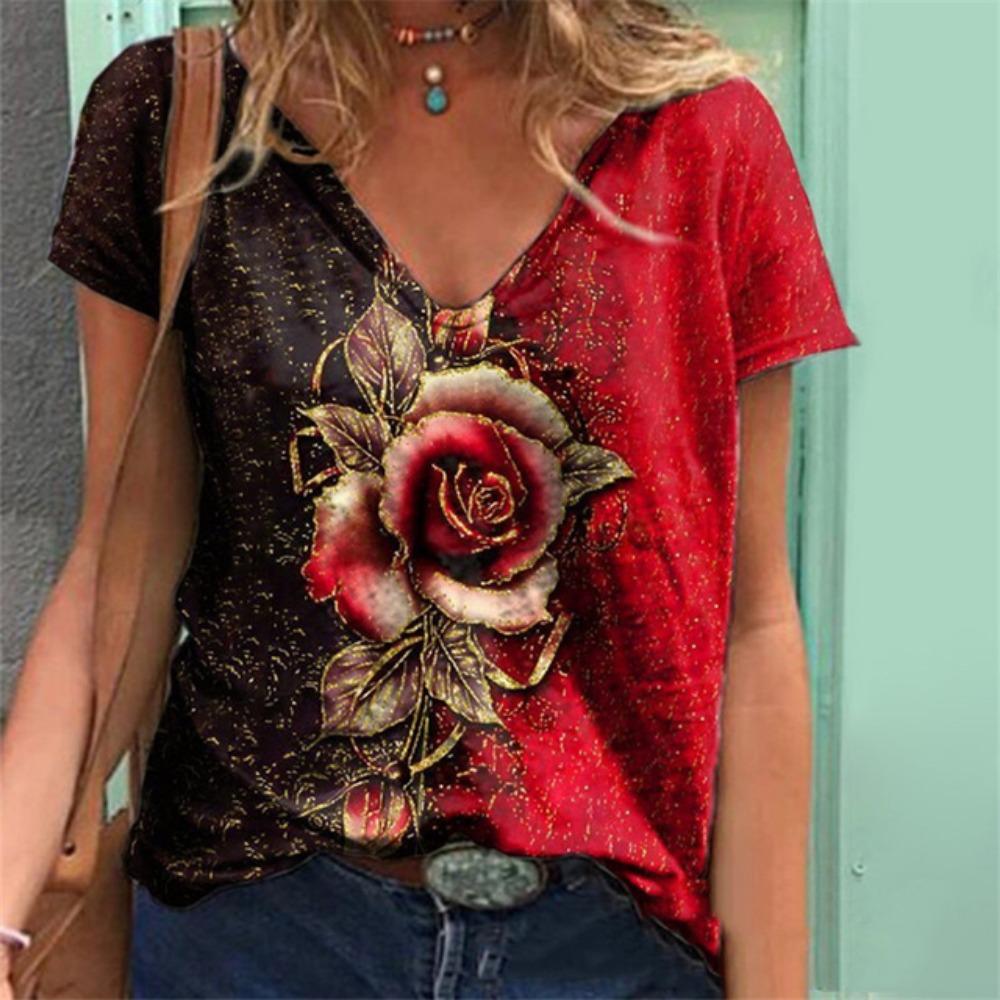 Summer New Women's T-shirt 3D Elegant Atmosphere V-neck Short Sleeve Shirt Fashion