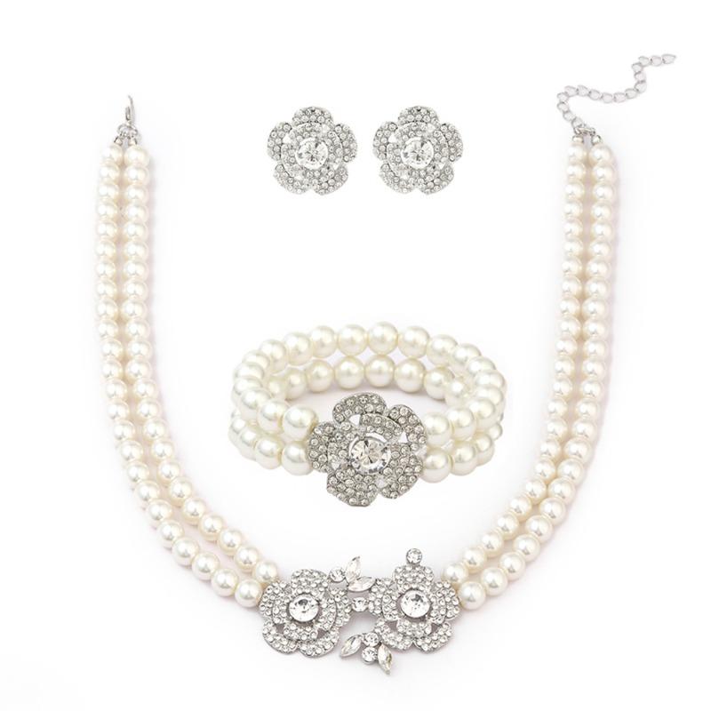 Diamond Flower Artificial Pearl Bracelet Earrings Necklace Set Fashion Light Luxury Neck Chain Jewelry Light Luxury Style