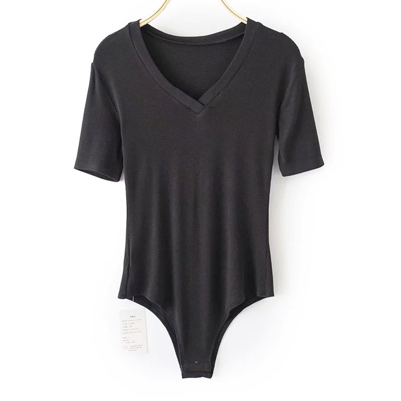 

Spring and Summer New V Neck Stretch Silm Crotch Women s T-shirt Minimalist Big V High Waist One-Piece One-Piece Ins Women s Cotton Base Shirt Black S