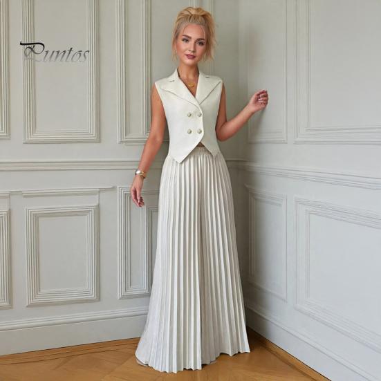 Comfortable Spring Suit Women's 2 Piece Vest Sets Sleeveless Button Crop Blazer Women Set And Wide Leg Pleated Pants Casual Business Outfits Everyday