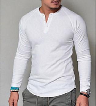 Mens Long Sleeve Henley T Shirt Solid Color Slim Fit Casual XXL белый