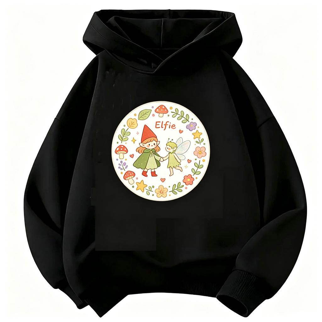 Kids Girls Hoodie Elfie Cartoon Super Elf & Winged Fairy Graphic Sweatshirt Floral Mushroom Circle Print  Casual Pullover Children Autumn Outfit