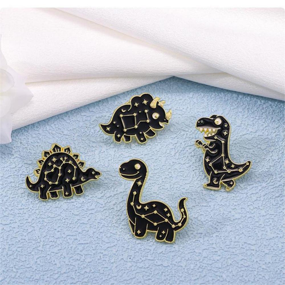 4 Styles Cartoon Space Star Pattern Dinosaur Design Enamel Brooches Girls Cute T-Rex Brontosaurus Stegosaur Shaped Golden Pins