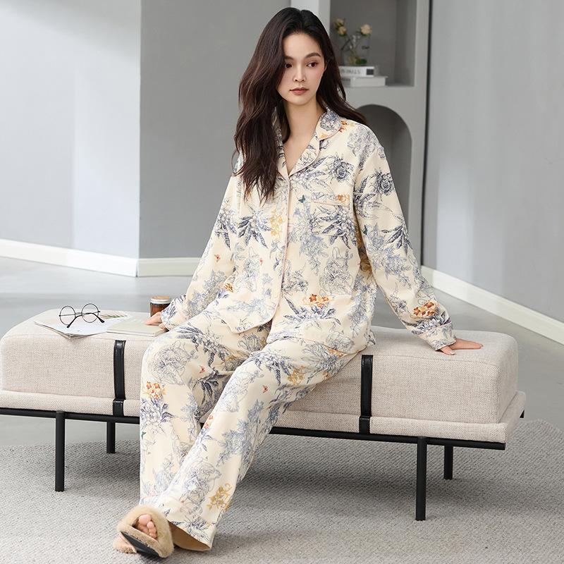 Class A antibacterial pure cotton pajamas women's autumn and winter long-sleeved trousers high-end large-size cool cotton loungewear women's suit