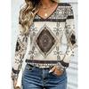 Autumn Women's 3D Stripe Printed V-Neck Long Sleeve T-Shirt Ethnic Style