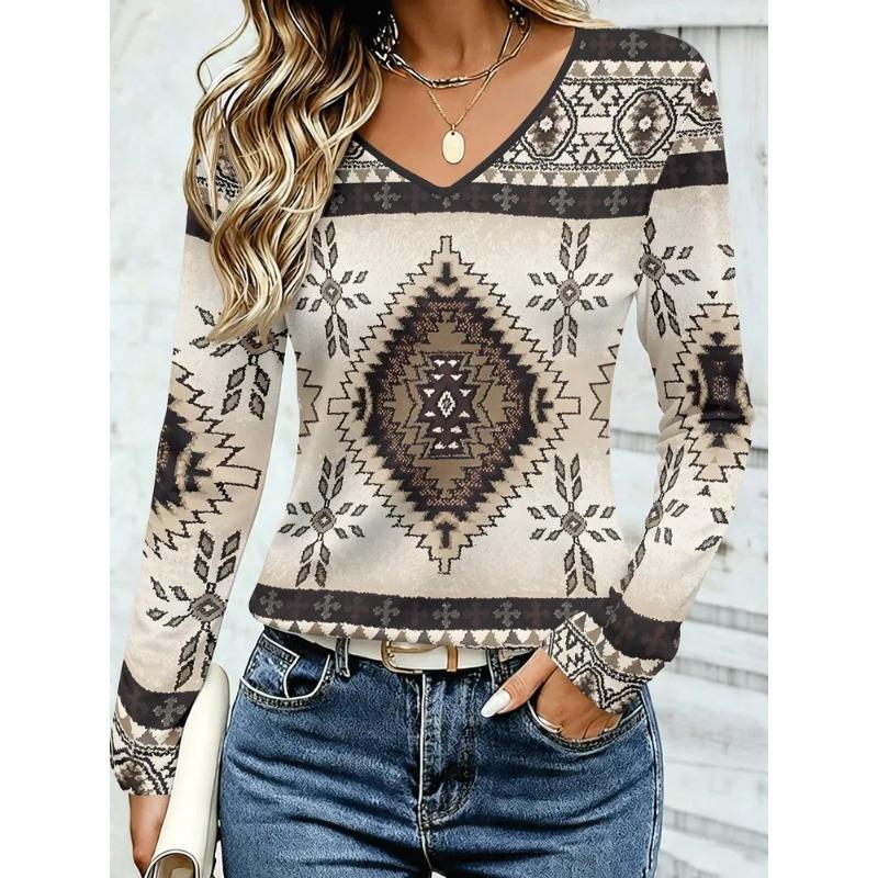 Autumn Women's 3D Stripe Printed V-Neck Long Sleeve T-Shirt Ethnic Style