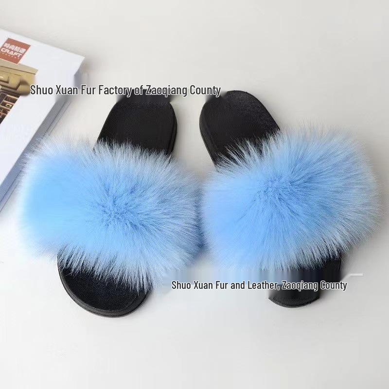 Women's Summer Fox Fur Slippers: Celebrity Trend, Flat Fur Sandals, Soft-Soled Flip Flops, Euro-American Style.