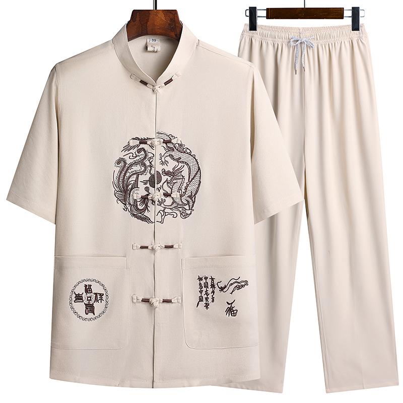 

Белье (верх + брюки) Льняной костюм в китайском стиле Тан среднего возраста с оборками, мужской льняной костюм в китайском стиле Ханьфу для пожилых людей 4XL