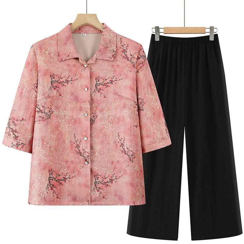 

Summer Two-Piece Set for Middle-Aged and Elderly Women: Lightweight Grandma Shirt for Ages 60 to 80 5XL (suggests 145-155 kg) сливовый/фиолетовый