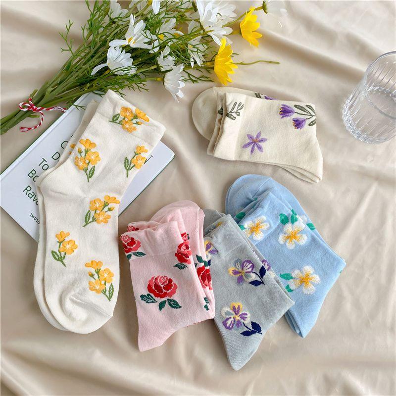 Sock Children's Mid-length Spring-autumn Cotton Socks, Cute and Sweet Flowered Socks, Versatile for An Academic Style.