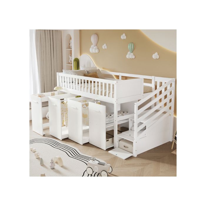 Etagenbett - Multifunktional - Weiß - Integrierter Schreibtisch - Stauschränke - Erhöhte Sicherheit