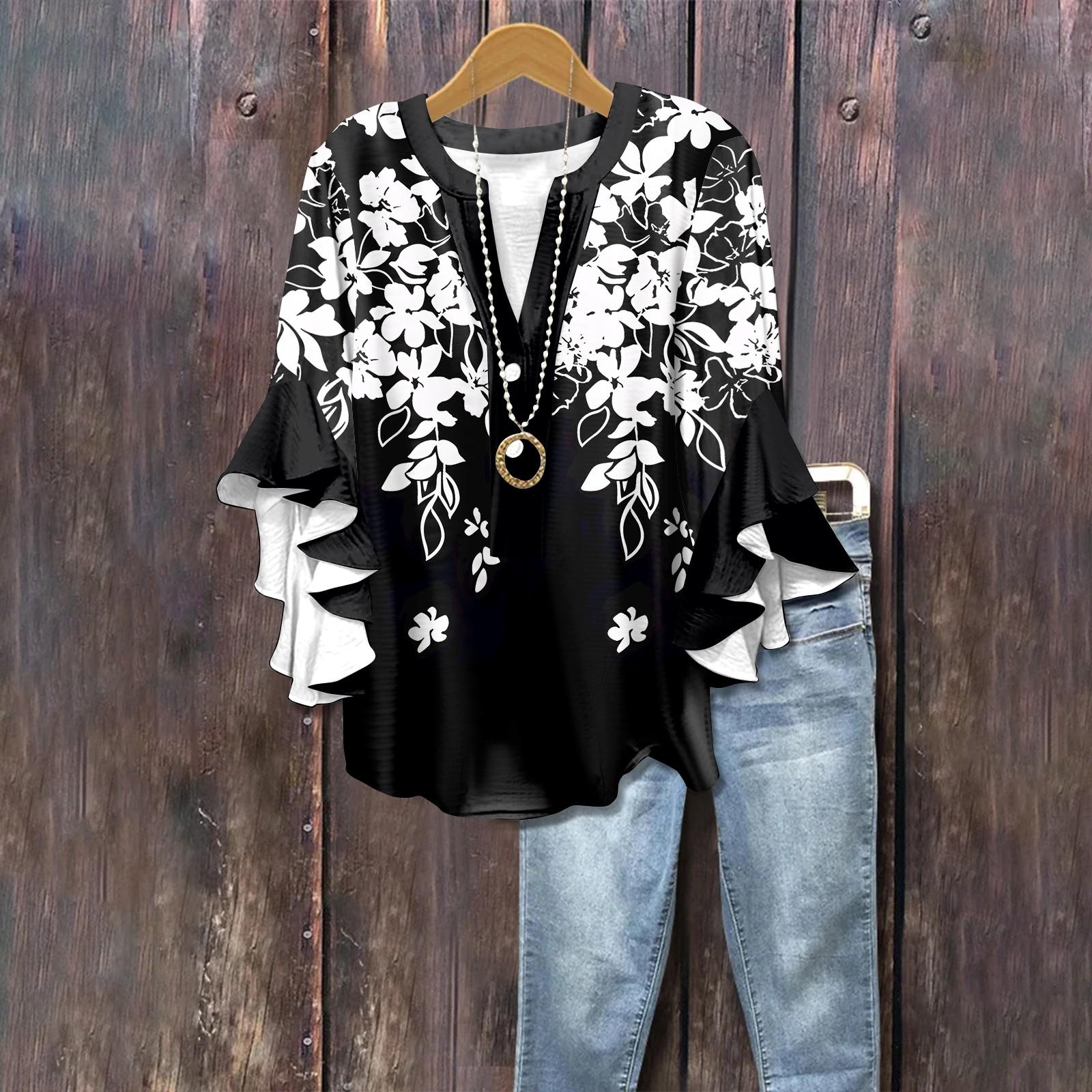 

Летние топы для женщин, симпатичные блузки с V-образным вырезом и рукавом 3/4, повседневные рубашки с цветочным принтом L