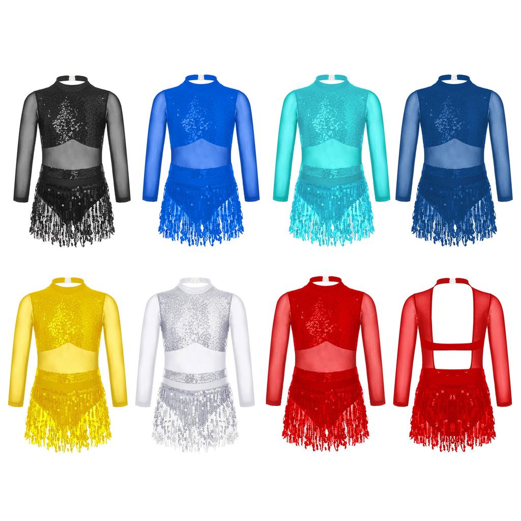 Girls Dance Costume Mesh Long Sleeve Shiny Sequins Hollow Back Patchwork Style Tassel Dress