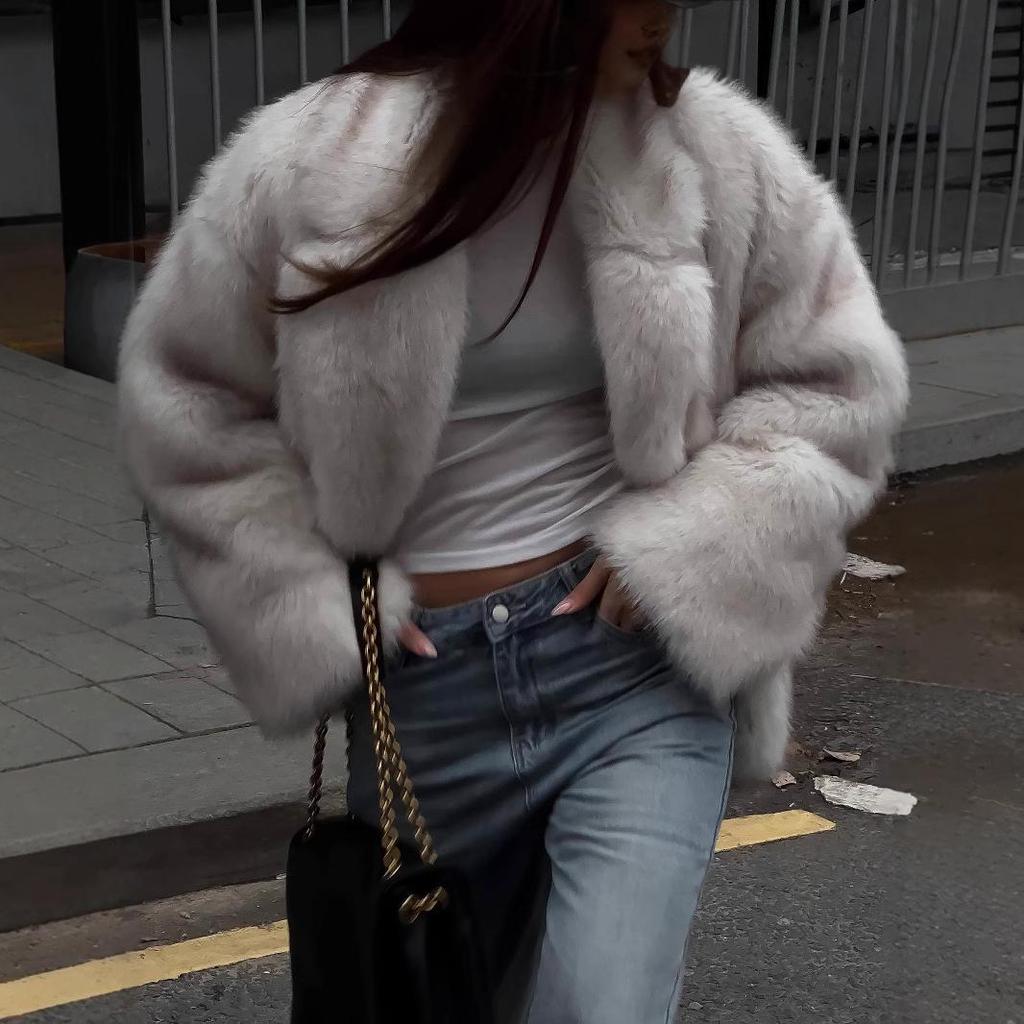 2024 European & American Women's Solid Color Faux Fur Loose Streetwear Coat