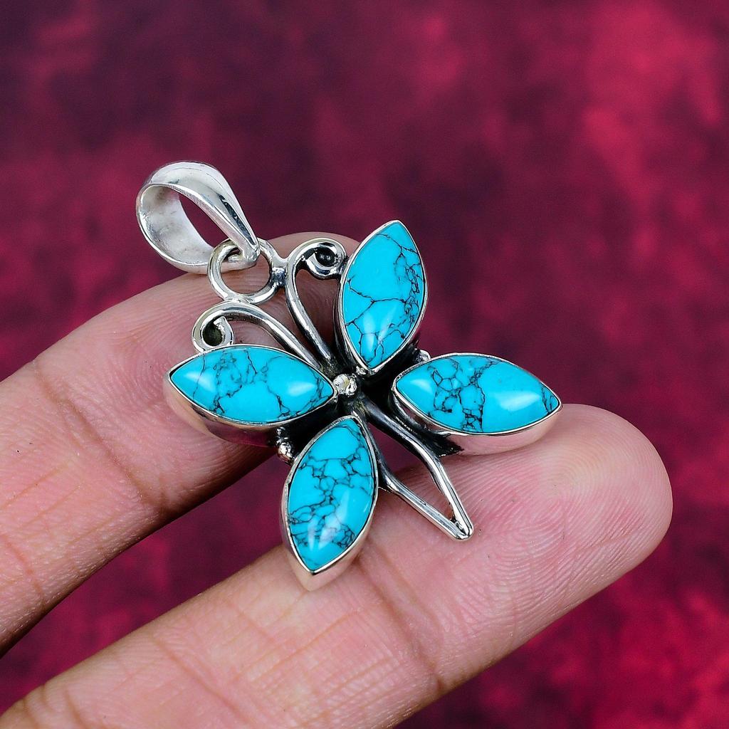 Blauer Türkis Handgemachter Edelstein Anhänger, 925 Sterling Silber Antik Schmuck Anhänger, Für Verlobungsgeschenk