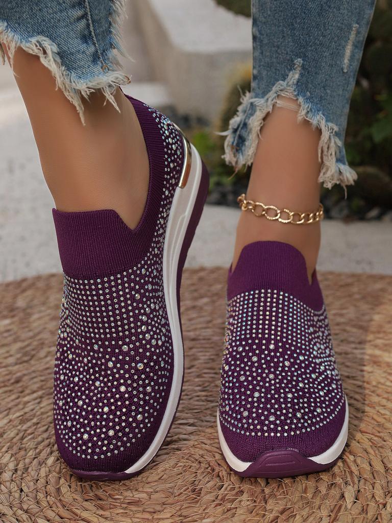 Fashion Rhinestone Women Shoe Casual Sneakers Wedge Flat Loafers Spring Summer New Knitted Single Shoes Adult Ladies Plus Size