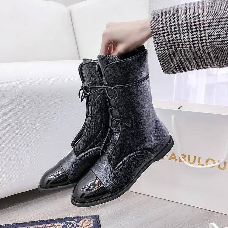 Soft Leather Women Short Boots Vintage Anti-slip Rubber Bottom Versatile Short Boots Women Lace-up Round Toe Boots