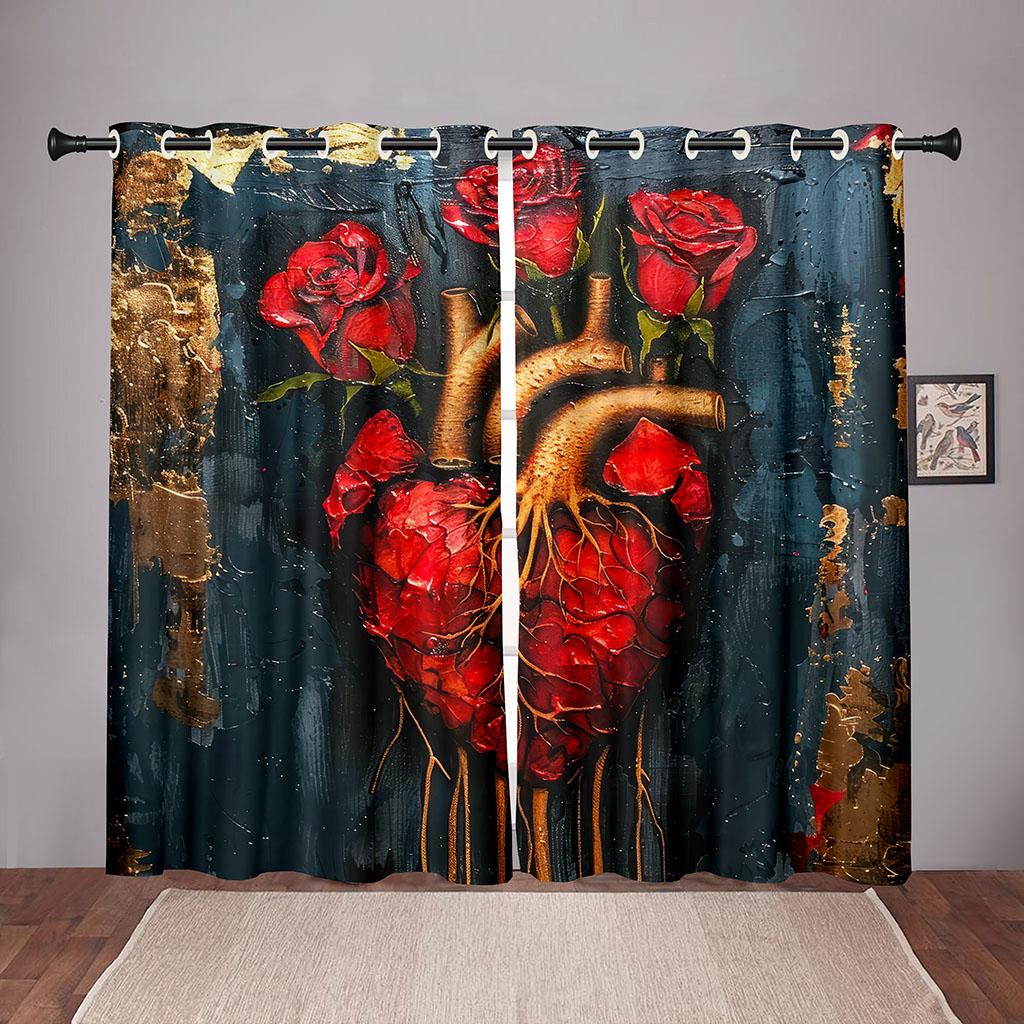 

2 шт. Винтажные шторы с розами и сердечками ко Дню святого Валентина, красные цветочные узоры для гостиной, спальни, кухни, балкона, декоративных штор 120W270H(CM)X2PCS&Hook