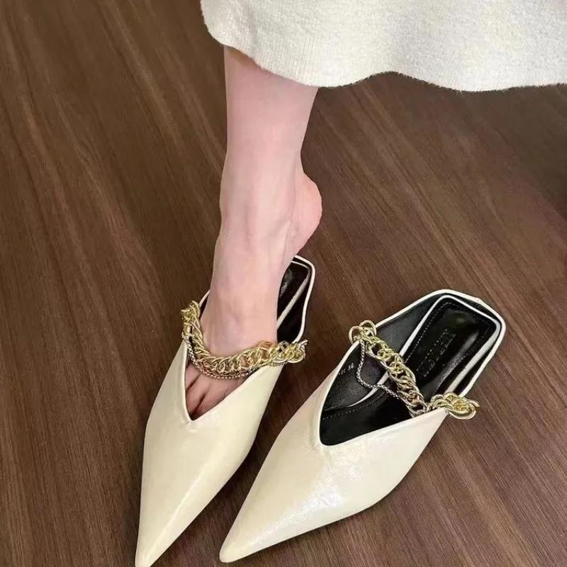 Fashion 2025 Designer Pointed Toe Mirror Silver Leather Slippers Women Crystal Band Summer Shoes Outdoor Slides Low Heel Mules Sandals