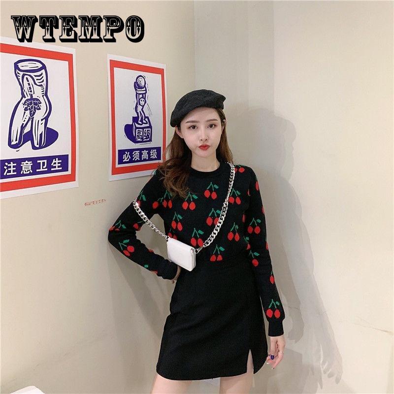 

Тонкий тонкий свитер с круглым вырезом, дикий пуловер, милый жаккардовый свитер с длинными рукавами вишневого цвета