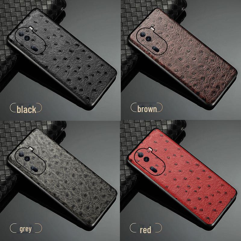 Echte Leder Schutzhülle für OPPO Reno9 Pro: Straußenmuster, Rundum-Abdeckung.