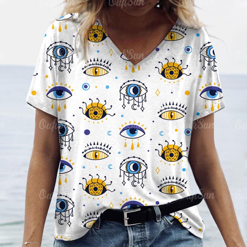 Summer Women Funny 3d Eyes Printed T-Shirt Sexy Anime Cartoon Funny V-Neck Fashion Short Sleeve Shirt Ladies Slim Plus Size Top