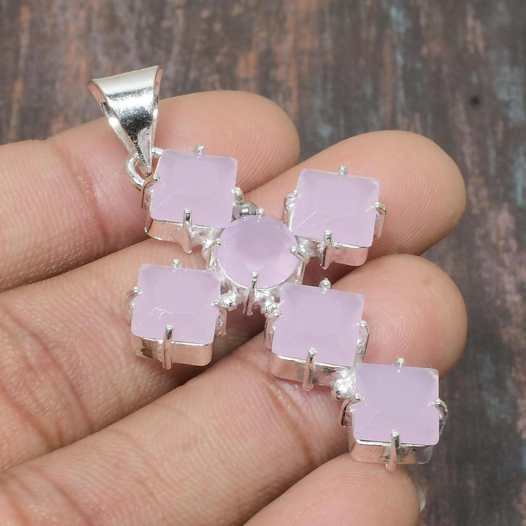 Rosa Chalcedon Edelstein Handgefertigter Schmuckanhänger aus massivem 925er Sterlingsilber für Frauen