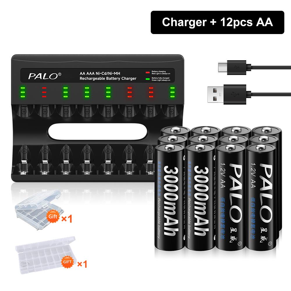 PALO 1.2V NIMH AA Rechargeable Battery with Smart AA Battery Charger 1.2V 3000mAh 2A Battery for Remote Control Toy Camera