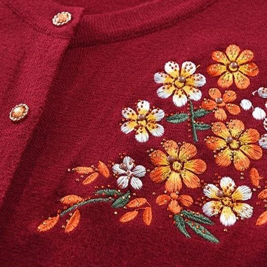 Spring Autumn Women's Thin Knit Cardigan Loose Fit Round Neck Printed Knit Cardigan