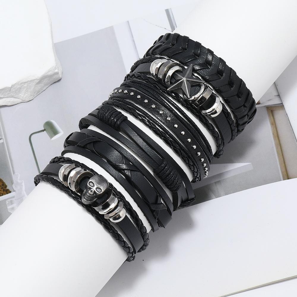 New Punk Rock Skull Hand-woven Bracelet, Five-pointed Star Element Men's Multi-layer Leather Bracelet Bracelet