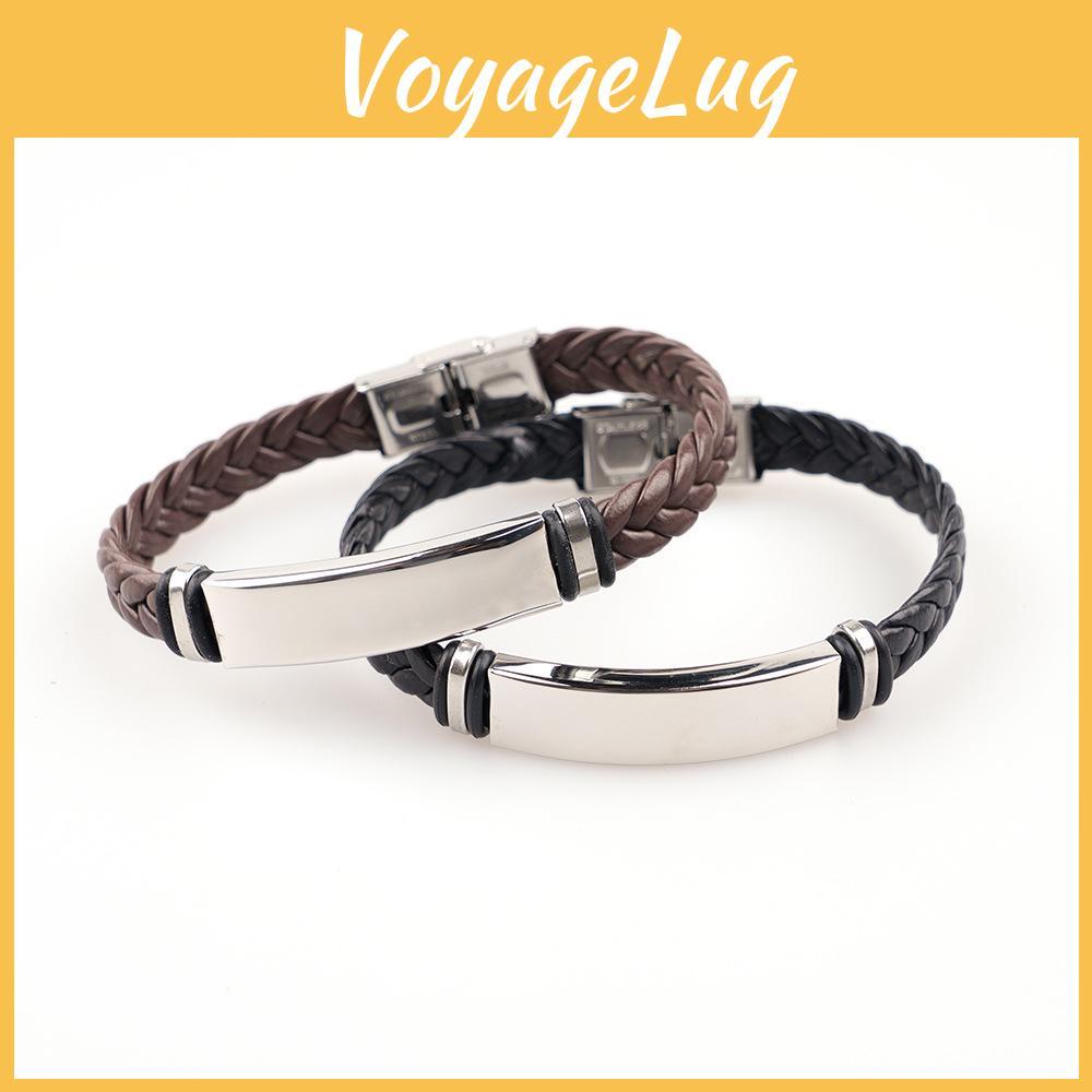Leather Braided Stainless Steel Mens Punk Bracelet
