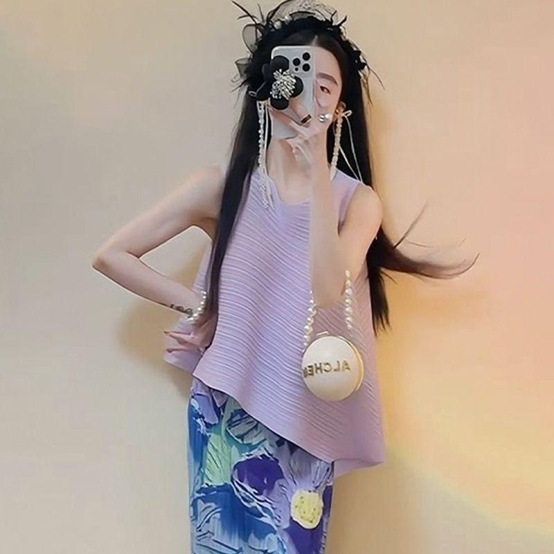 

[Большая распродажа] Экспорт 2025 Лето Элегантный наряд Женский Однотонные топы Мода Элегантность Принт Юбка с драпировкой Light purple Tops One size