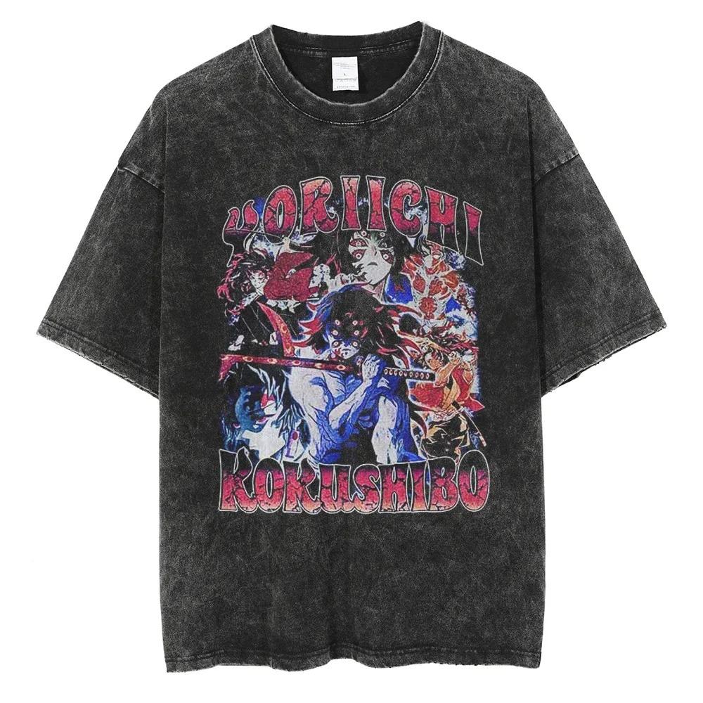 Camiseta Vintage Oversize de Manga Corta con Lavado Ácido de Demon Slayer: Kimetsu no Yaiba Kokushibo Estampado Gráfico Batalla Oscura