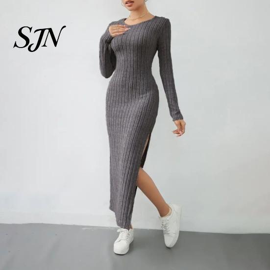 Comfortable Casual Dresses Women Round Neck Knitted Dress, Long Sleeve Pullover Sweater Winter Wear Solid Color Stretchy Split Bodycon Dress