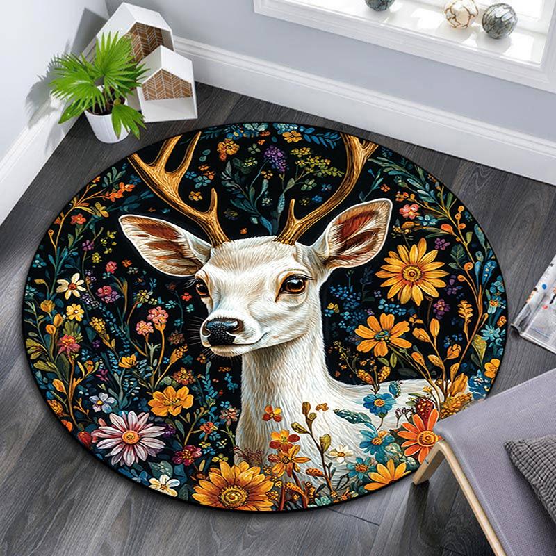 Deer Floral Round Area Rug,Carpet Rug for Living Room Bedroom Sofa Playroom Decor,Non-slip Floor Mat