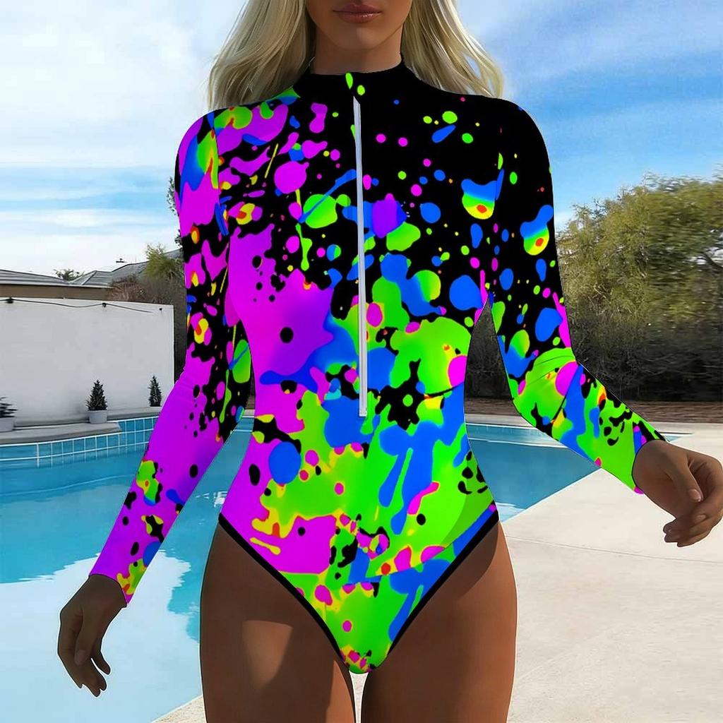 Women Long Sleeve One Piece Swimsuit Zip Front Fluid Splashed Paint Print Rash Guard Surfing Bathing Suit