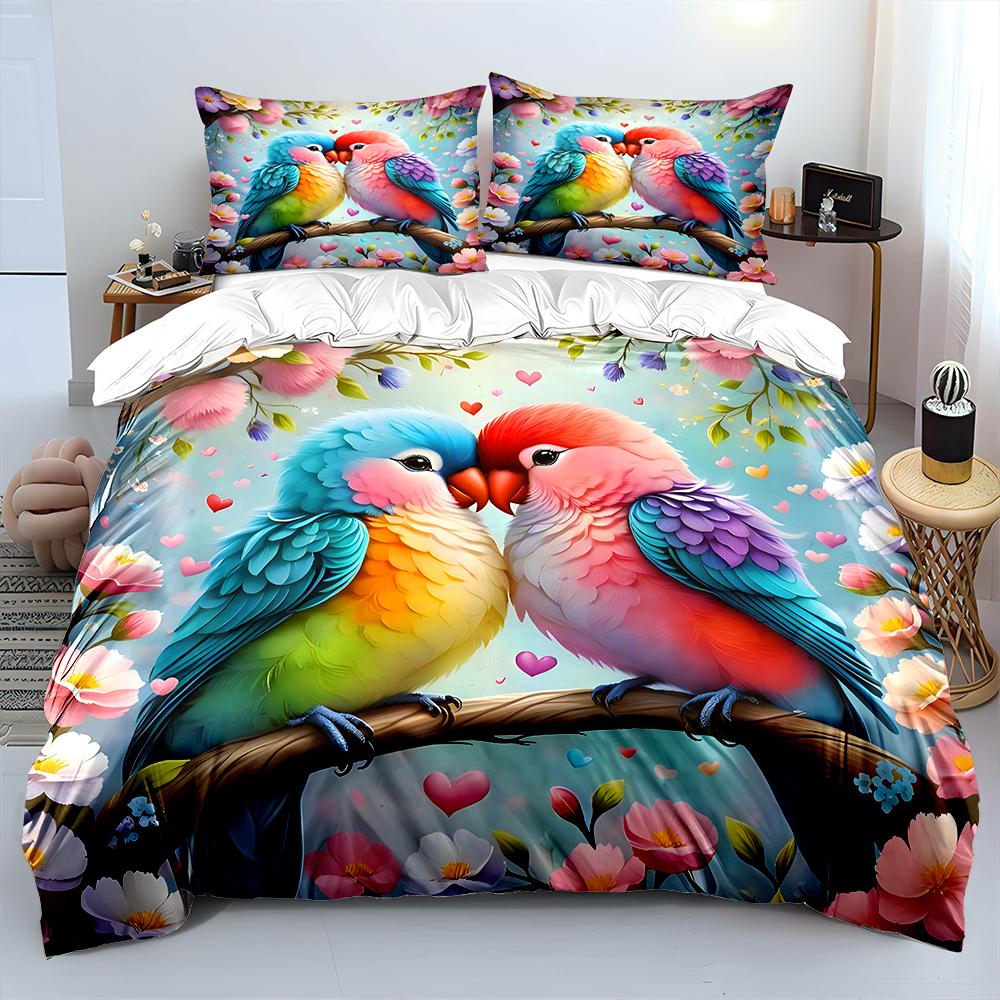 Two Lovebirds In Love Flowers Pattern Duvet Cover Set Digital Print Polyester Bedding with Zipper Closur for Kids Gifts