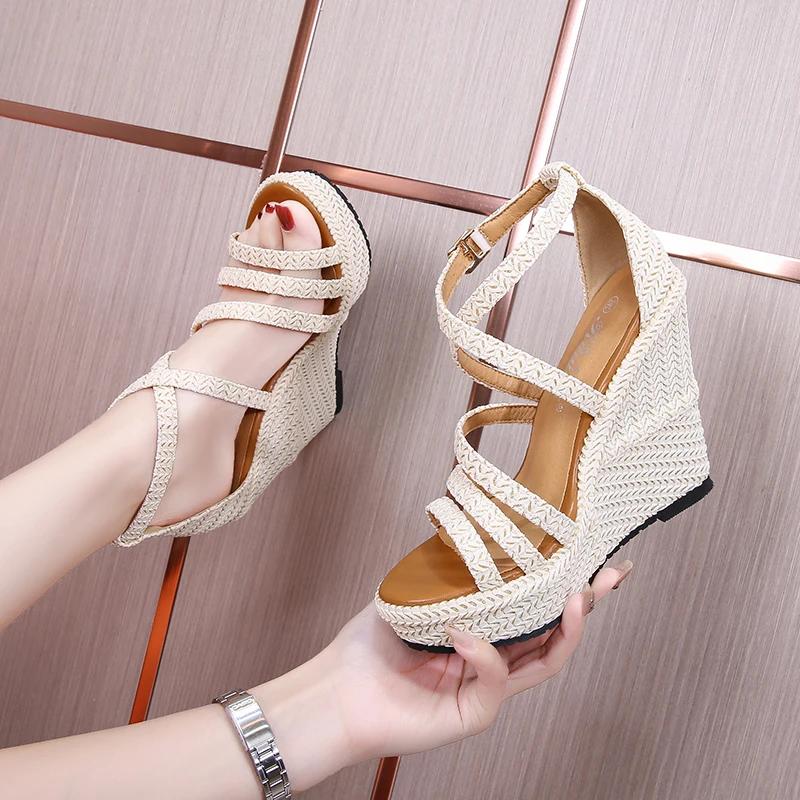 Fashion Summer 16cm High Heel Wedges Heel Sandals 14cm Fashion Thick Bottom Platform Open Toe Ladies Sandals Leather Gladiator Sandals