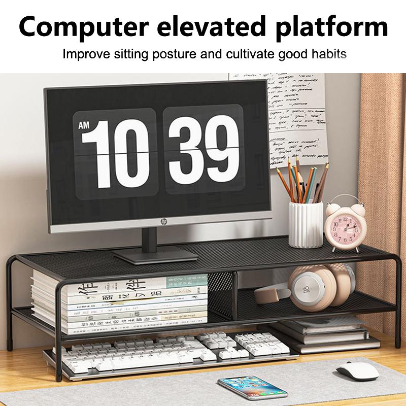 Dual Deck Computer Monitor Rising Holder Pc Screen Stand Bracket Desktop Keyboard Mouse Laptop Storage Organizer Riser Shelf