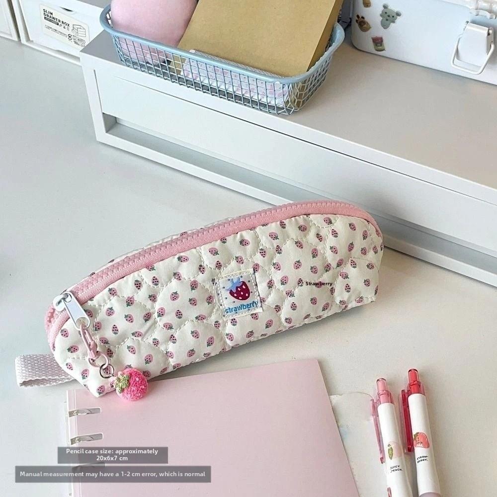 Pink Strawberry Print Stationery Bag with Strawberry Pendant Cosmetic Storage Bag Students Gift