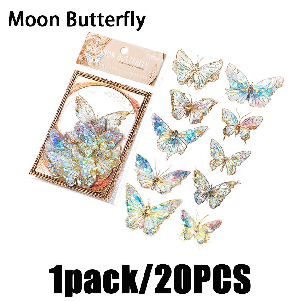 1pack/20pcs Ins Butterfly Pet Sticker Pack Ice Crystal Laser Gold Diy Handbook Scrapbooking Label Diary Transparent Decoration