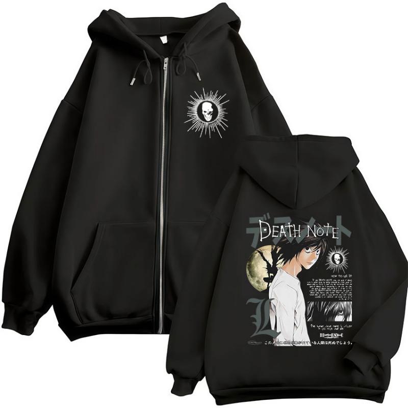Anime Giapponese Death Note L·Lawliet Felpe con Zip Uomo Donna Abbigliamento Moda Hip Hop Felpe con Cappuccio Zip Up Giubbotti Cappotti