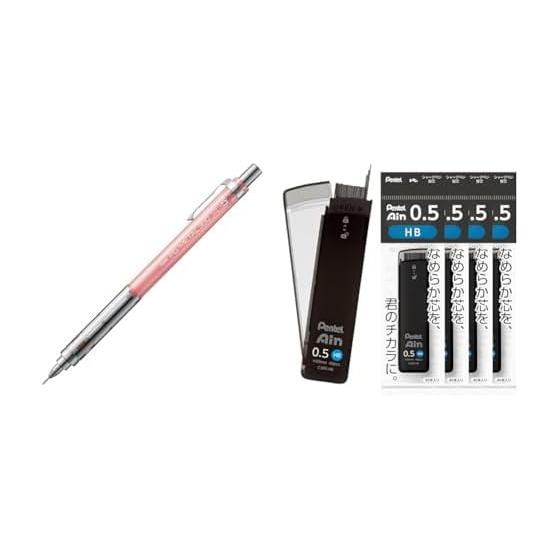 Pentel PG-METAL350 Mechanical Pencil, 0.5mm, Clear Pink (10-pack) with Pentel Ain 0.5mm HB Lead Refills (5-pack)