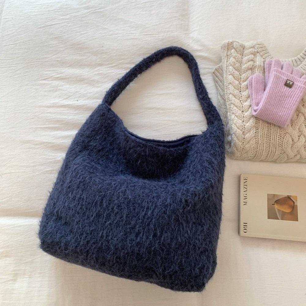 

Casual Versatile Women Handbag Retro Solid Color Shoulder Bag Large Capacity Woolen Tote Bag for Women