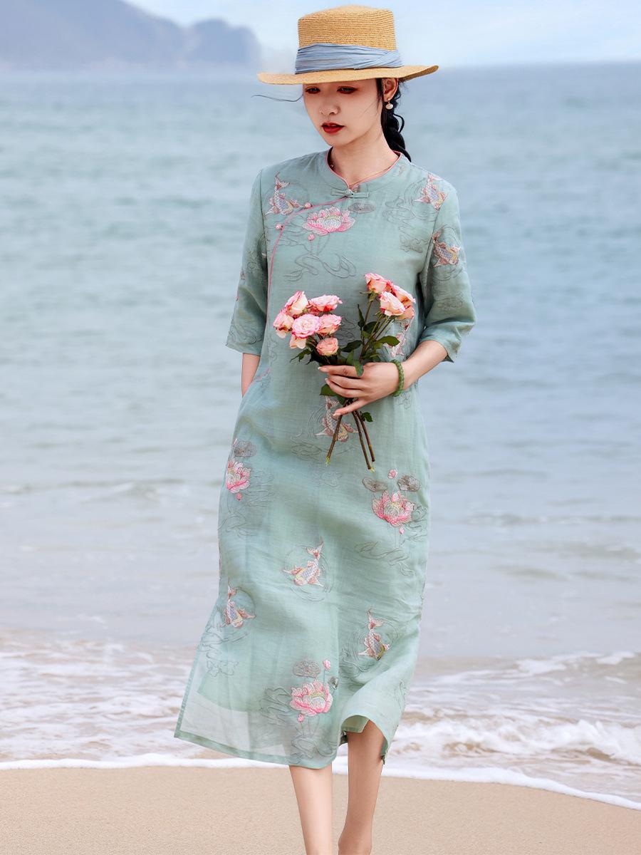 Chinese-Style Ramie Cheongsam Dress with Artistic Lotus & Fish Embroidery and Frog Buttons - Summer New Style M