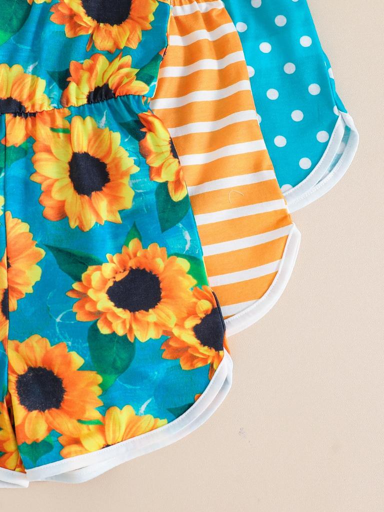 Girls' 3-piece Summer Cool Outfit Sunflower Striped Polka Dot Jumpsuit Shorts Set Summer
