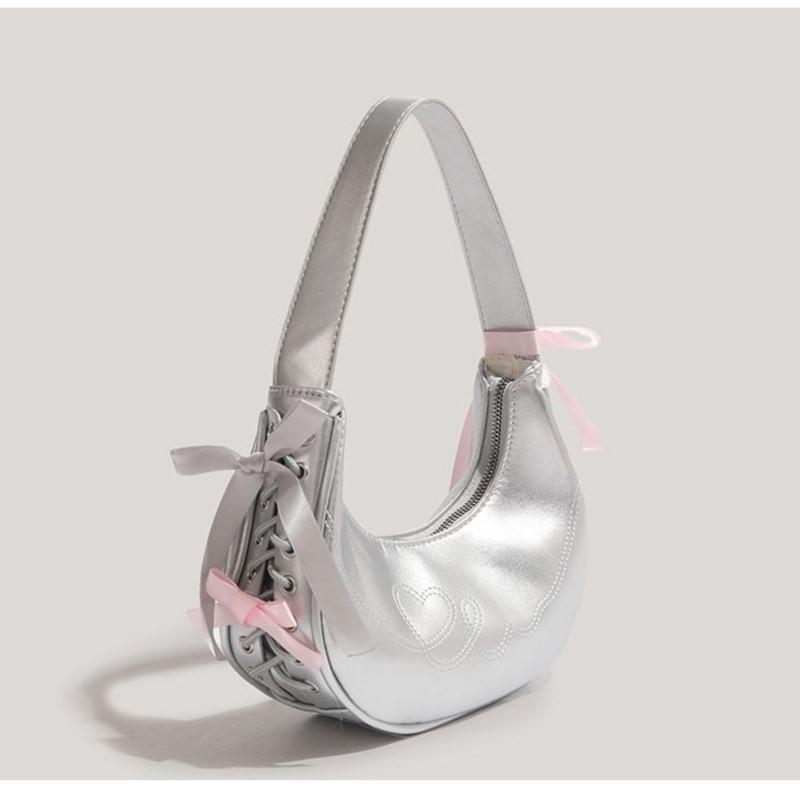Heiße Mädchen Silber Achseltasche Geldbörse Damen Vielseitig Leder Schleife Halbmondtaschen Damen Fairy Core Handtasche Ästhetisch